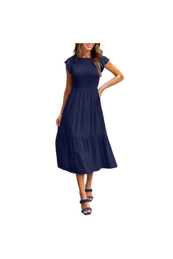 Long Dress Women's Summer Casual Flutter Short Sleeve Crew Neck Smocked Elastic Waist Tiered Midi Dress Maxi Dress for Women Navy, Size:S-Xl