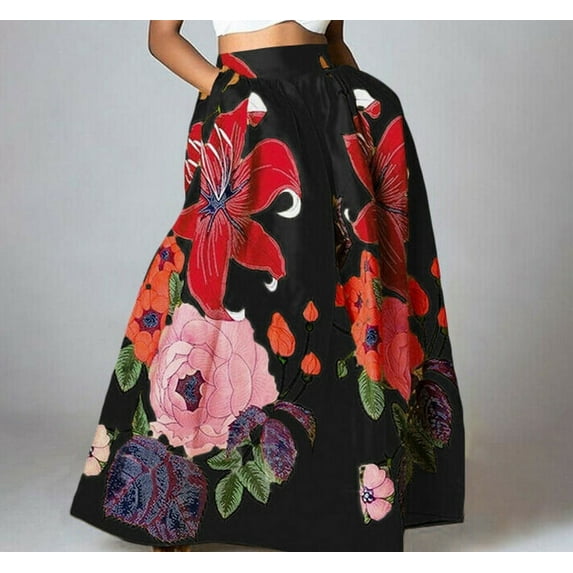 Baberdicy Long Maxi Skirt, Maxi Skirt Women Bohemian Floral Print Skirt High Waist Party Beach Pocket Long Maxi Skirt Girls Skirt Black, Size:S-2Xl