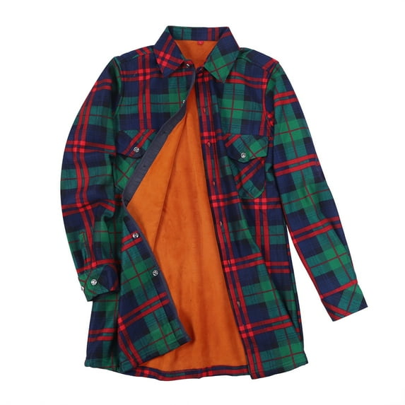 Baberdicy Long Sleeve Shirts Women's Plaid Lined Jacket Button up Fuzzy Shirt Checkered Long Sleeve Flannel Blouse Lady Shirtsã¯Â¼Â L )
