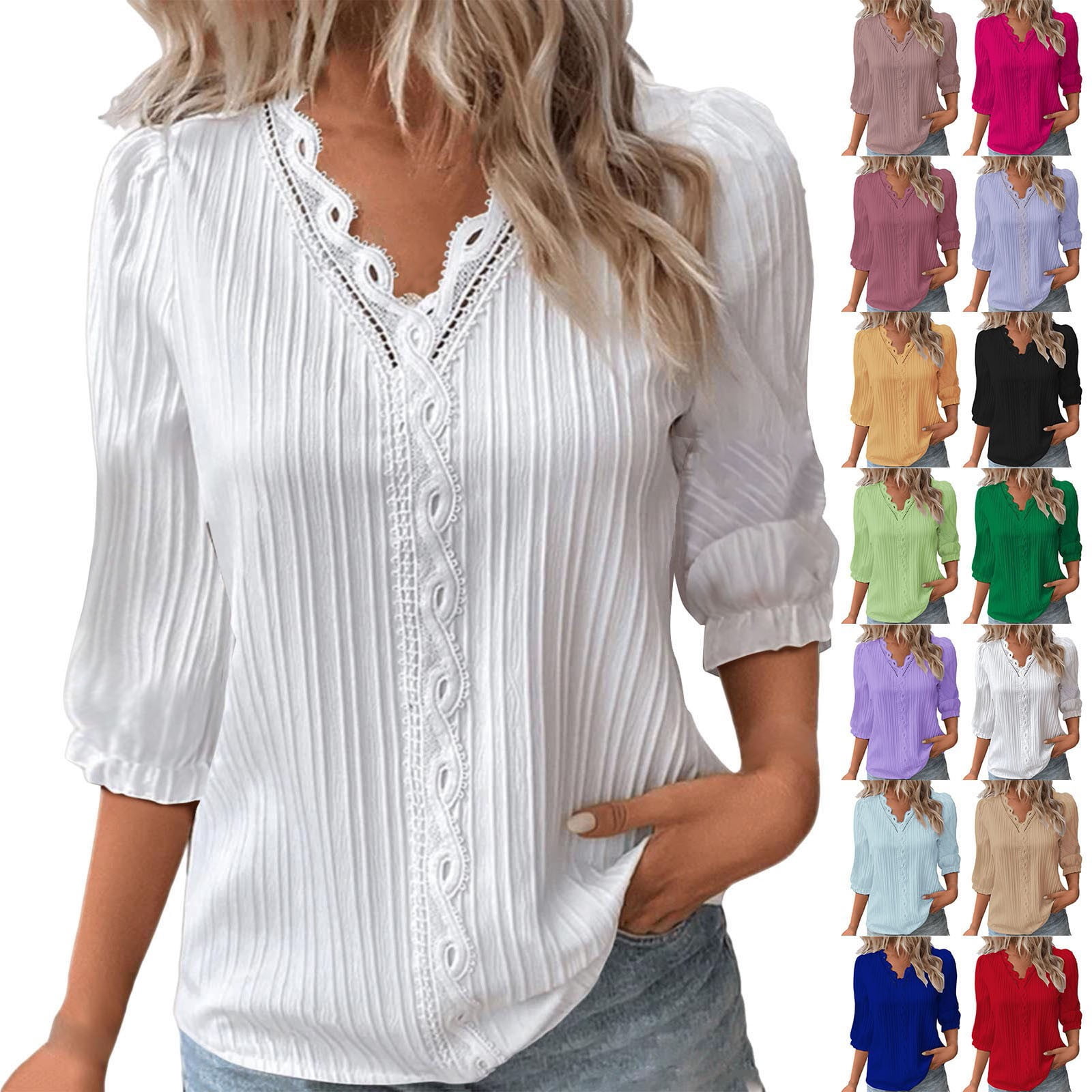Baberdicy Long Sleeve Shirts for Women Women's Lace Blouses V Neck 3/4 ...