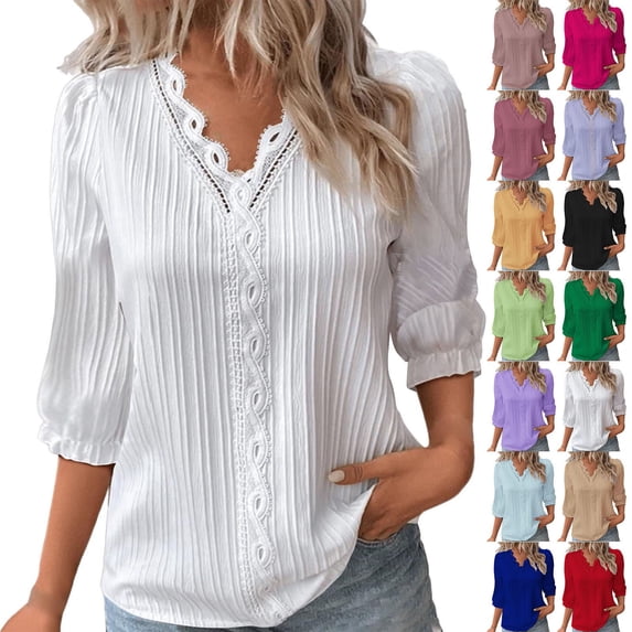 Baberdicy Long Sleeve Shirts for Women Women's Lace Blouses V Neck 3/4 Sleeve Sheer Elegant Casual Plus Size Tops, Yellow2, S