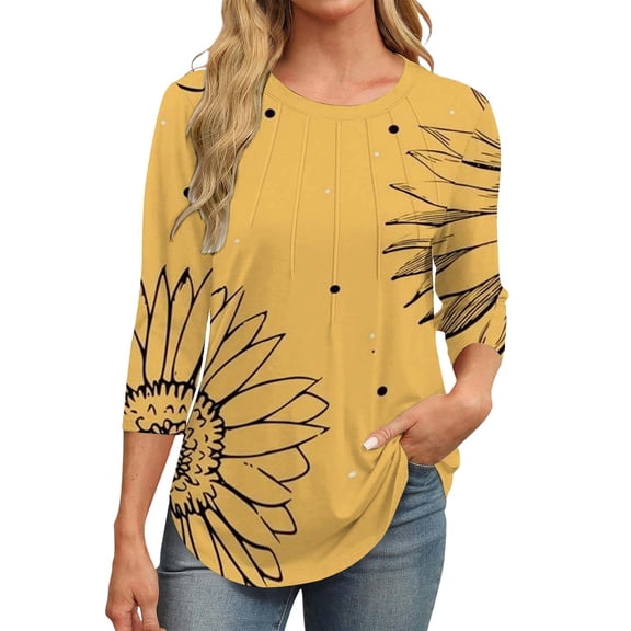 Baberdicy Long Sleeve Tee Shirts for Women Plus Size Under 20$, 3/4 Length Sleeve Womens Tops Round Neck Casual Tunic Tops Basic Pleated Shirts Loose Fit 2025