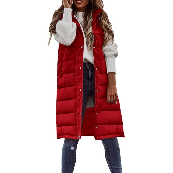 Baberdicy Puffer Vest Women's Long Winter Coat Vest with Hood Sleeveless Warm Down Coat with Pockets Quilted Vest Down Jacket Quilted Outdoor Jacket Girls' Outerwear Jackets & Coats Red