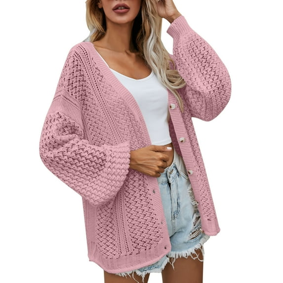 Baberdicy Madam Cardigan Women Solid Casual Crochet Cardigan Button Sweater Kimono Boho Oversized Cardigan Coat Cardigan Sweaters for Women Lightweight Hot Pink