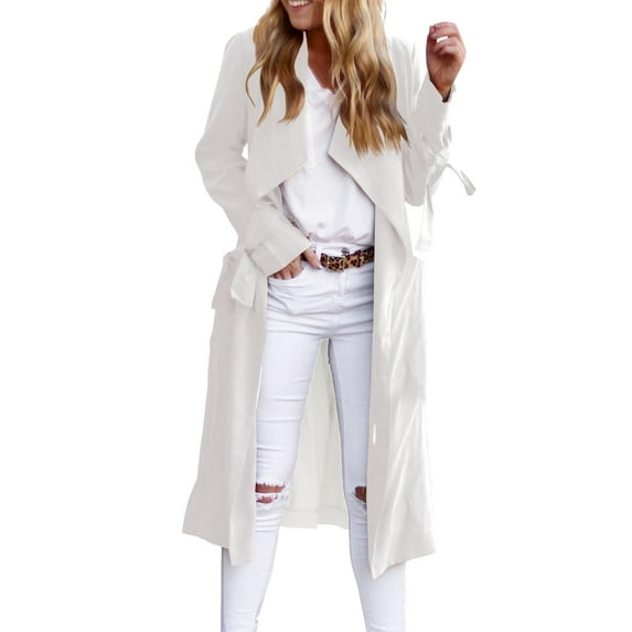 Baberdicy Madam T-Shirt Women's Open Front Long Trench Coats Long Sleeve Slim Casual Pockted Windproof Overcoat with Belt Loose Outwear ( White 2Xl )