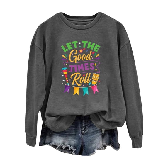 Baberdicy Mardi Gras 2024 Let the Good Times Rall Women's Letter Printed Crewneck Sweatshirts Long Sleeve Top Mardi Gras Shirts for women