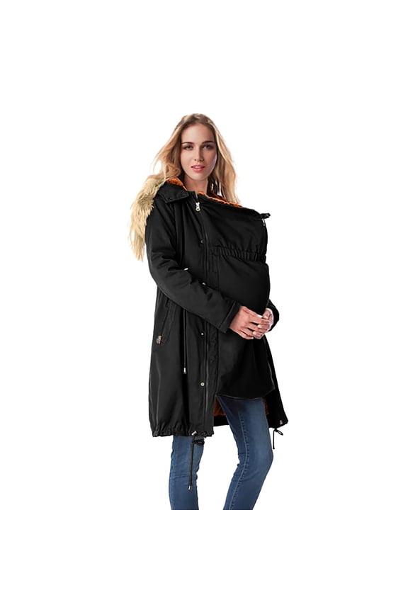 Maternity Long Puffer Parka, Winter Warm Hooded down Jacket with Fur Trim And Pockets , Maternity Hooded Jacket, Baby-Carry Insert Coat, 3-In-1 Warmth Black 3Xl