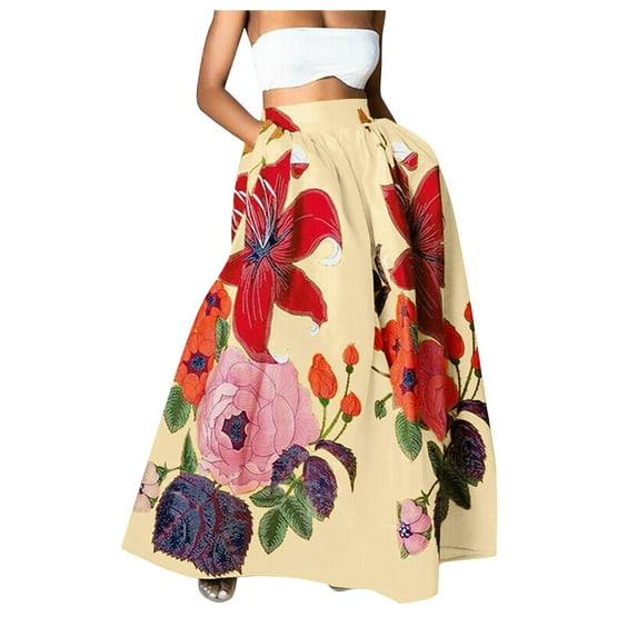 Baberdicy Maxi Skirt Women Bohemian Floral Print Skirt High Waist Party Beach Big Hem Long Skirts with Pockets Beige, Size:S-XXl