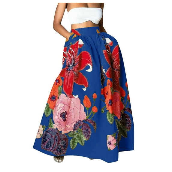Baberdicy Maxi Skirt Women Bohemian Floral Print Skirt High Waist Party Beach Big Hem Long Skirts with Pockets Blue, Size:S-XXl