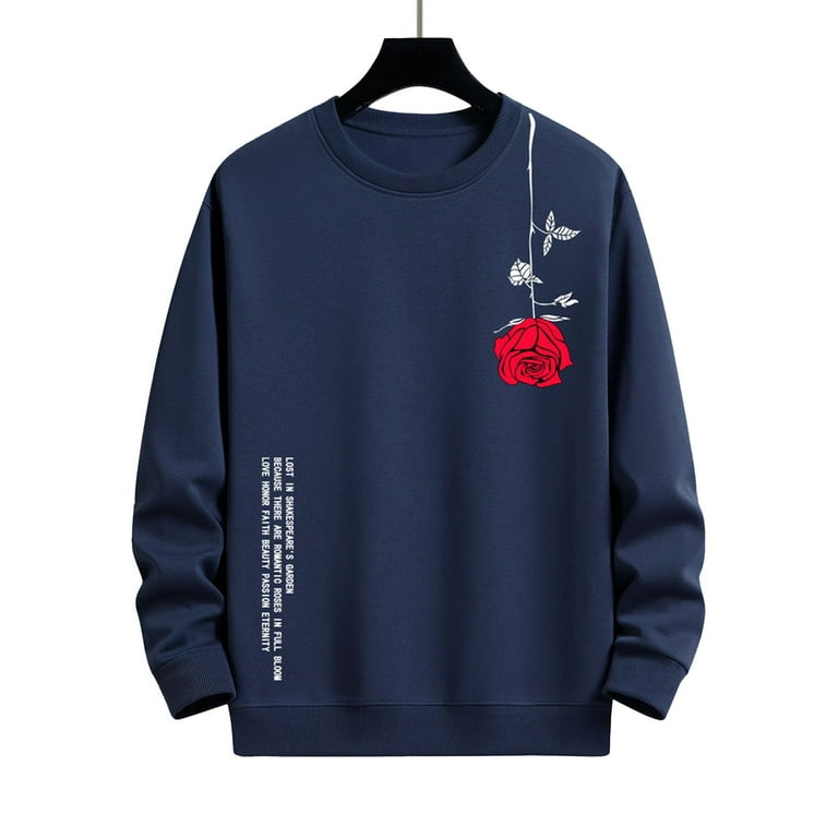 Baberdicy Men s Sweatshirts No Hood Men s Slogan Rose Print Relax Fit Sweatshirt Loose Fit Basic Fall Outfits Dark Blue M