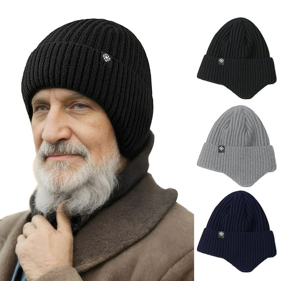 Baberdicy Men's Winter Earflap Hat, Wool Knit Cap with Ear Warmers,Charcoal Fits All – Gift Ready