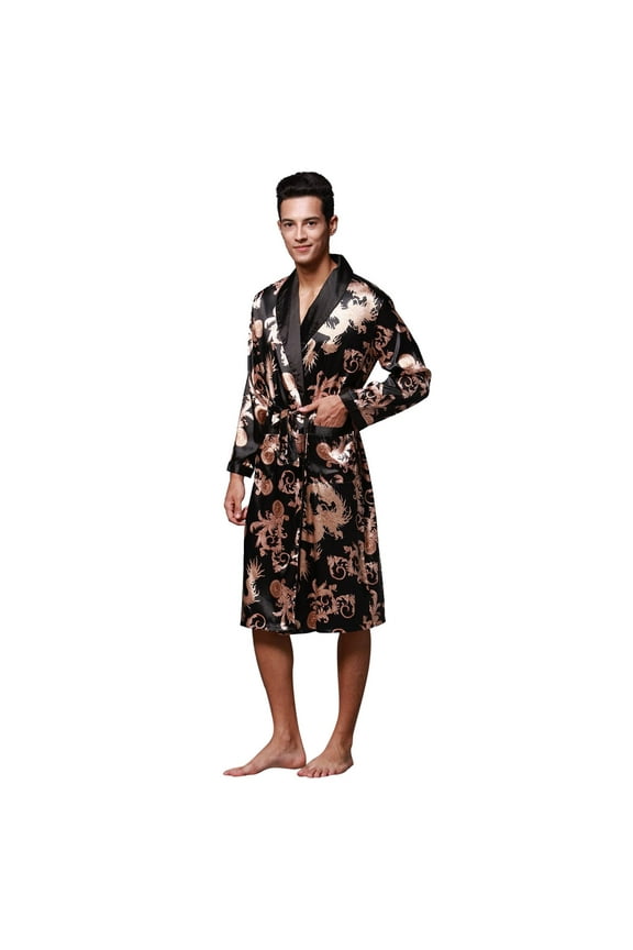 Mens Robe Ice Pajamas Nightgown Silk Silk Men'S Printed Long Sleeve Bathrobe Homewear Robe