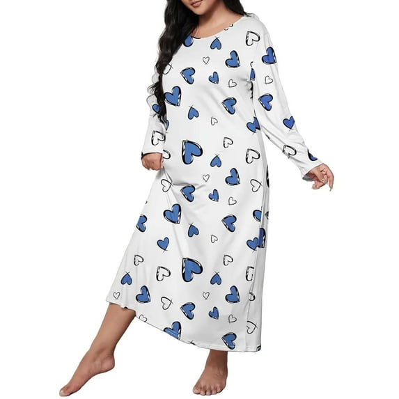 Baberdicy Nightgowns for Women Plus Size Casual Sleep Dress Women's Plus Heart Print Long Sleeve Round Neck Medium Stretch Loose Nightdress