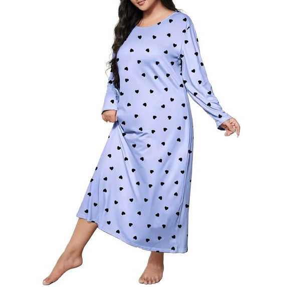 Baberdicy Nightgowns for Women Plus Size Casual Sleep Dress Women's Plus Heart Print Long Sleeve Round Neck Medium Stretch Loose Nightdress