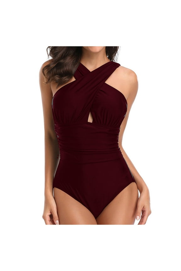 One Piece Swimsuit Women, Women Solid Print Bikini One Piece Swimwear Push-Up Swimsuit Bathing Suit Bathing Swimsuit Wine L