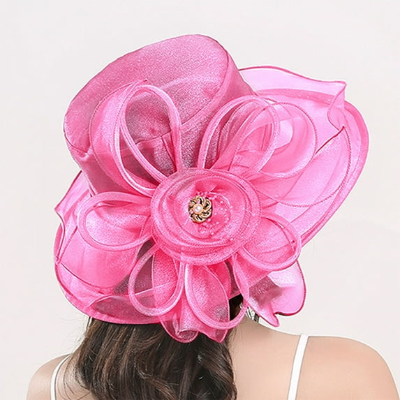 Baberdicy Organza Flower Hat, Sun Hat Women's Flower Mesh Sun Hat – Organza Wide Brim for Beach & Garden Parties, Hot Pink, One Size