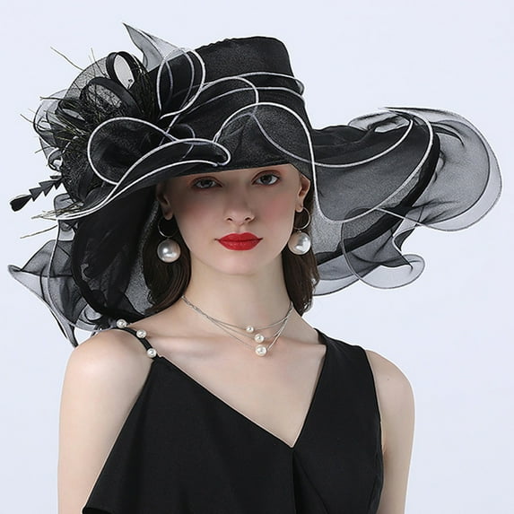 Baberdicy Organza Sun Hat - UPF 50+ Foldable Beach Hat, Floral Wedding Accessory, Black One Size