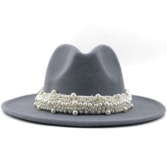 Baberdicy Pearl Decorated Hat, Women's Hat Women's British Wool Fedora – Pearl Accent Wide Brim Hat for Formal & Casual Outfits, Grey, M
