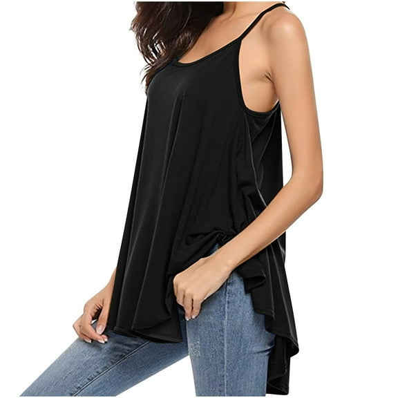 Baberdicy Plus Size Bodycon Tank - Summer Spaghetti Strap Tunic Top, Casual Loose Fit Sleeveless Blouse for Curvy Figures (Black | XXL)