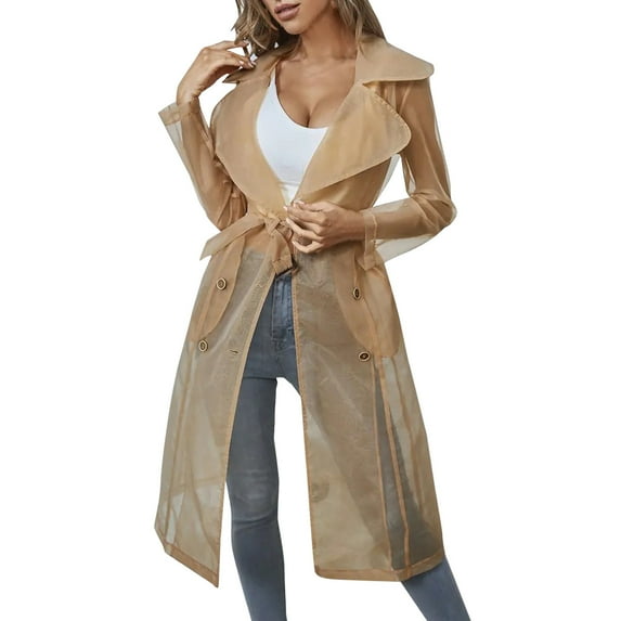 Baberdicy Plus Size Coat Womens Daily Sun Protection Clothing Every Wearing Sheer Mesh Long Sleeve Buttoned Coat with Belt Winter Coats for Women Khaki M