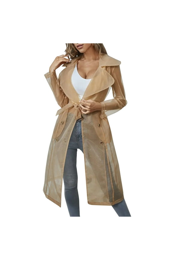 Plus Size Coat Womens Daily Sun Protection Clothing Every Wearing Sheer Mesh Long Sleeve Buttoned Coat with Belt Winter Coats for Women Khaki M