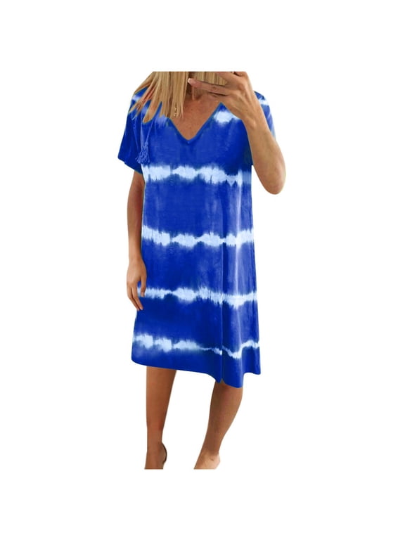 Plus Size Dress Womens Casual Striped Tie-Dye Print Mini Dress V Neck Loose T-Shirt Dress(S-3Xl) Women Dress Blue L2