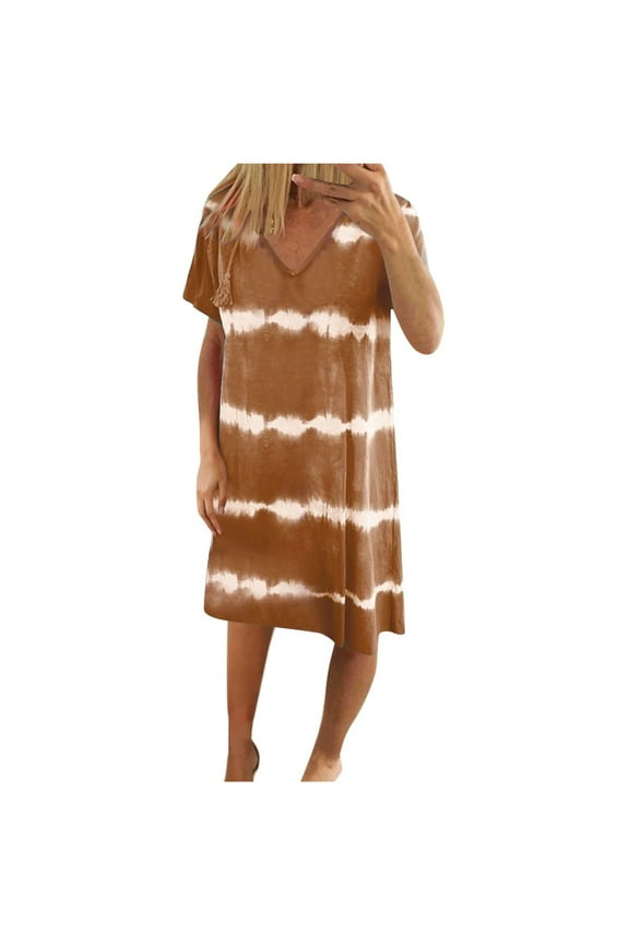 Plus Size Dress Womens Casual Striped Tie-Dye Print Mini Dress V Neck Loose T-Shirt Dress(S-3Xl) Women Dress Brown L2