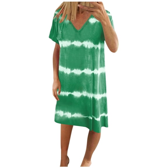 Baberdicy Plus Size Dress Womens Casual Striped Tie-Dye Print Mini Dress V Neck Loose T-Shirt Dress(S-3Xl) Women Dress Green L3