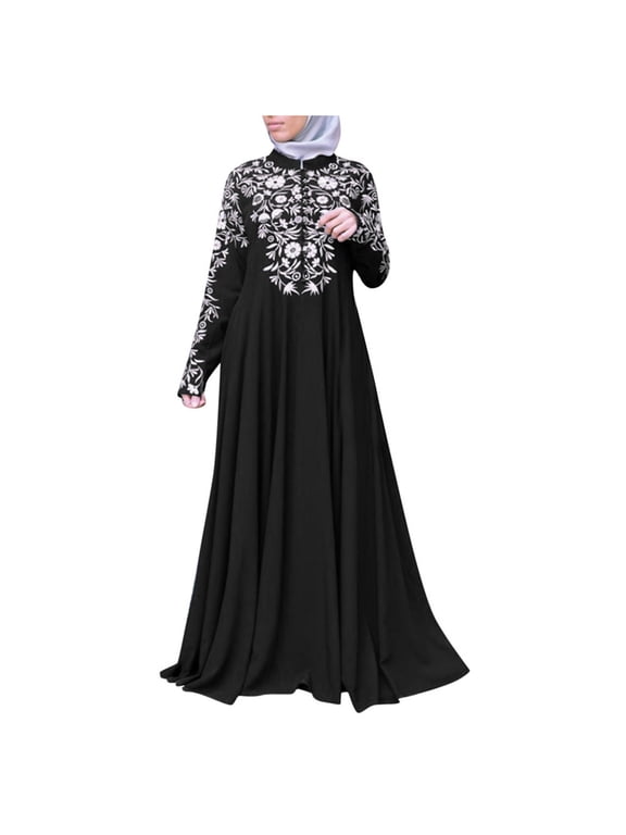 Plus Size Dresses Women Muslim Dress Kaftan Arab Jilbab Abaya Islamic Lace Stitching Maxi Dress Long Dress Black, Size:S-5Xl