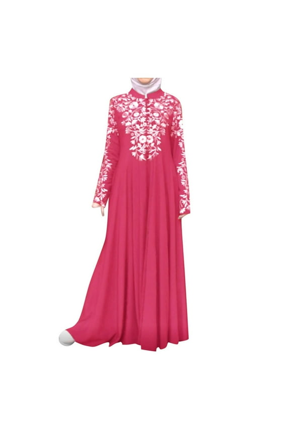 Plus Size Dresses Women Muslim Dress Kaftan Arab Jilbab Abaya Islamic Lace Stitching Maxi Dress Long Dress Hot Pink, Size:S-5Xl