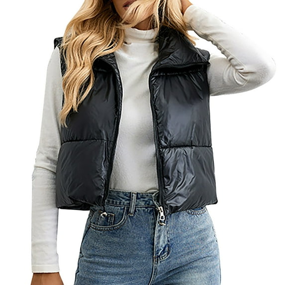 Baberdicy Puffer Vest Women's Standing Collar Vest Warm Slim Zipper Loose Sleeveless Jacket Womens Vest Black