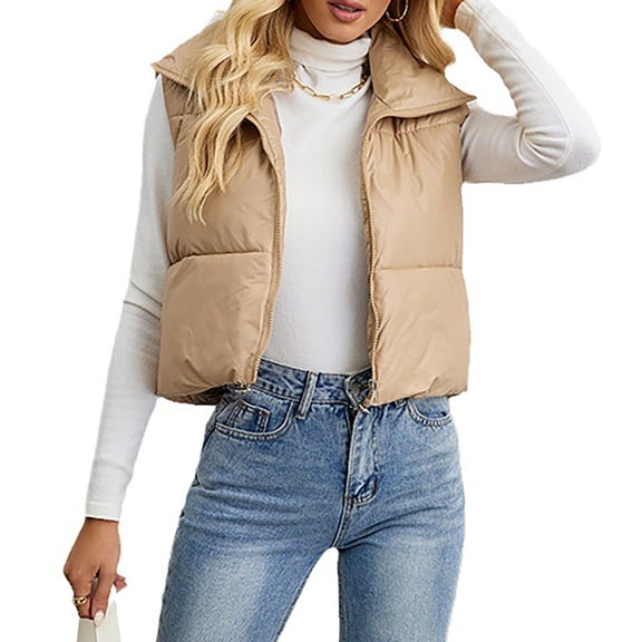 Baberdicy Puffer Vest Women's Standing Collar Vest Warm Slim Zipper Loose Sleeveless Jacket Womens Vest Khaki