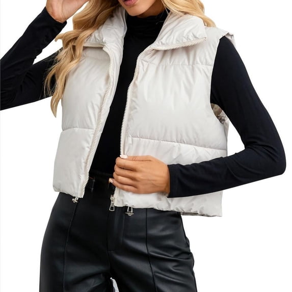 Baberdicy Puffer Vest Women's Standing Collar Vest Warm Slim Zipper Loose Sleeveless Jacket Womens Vest White