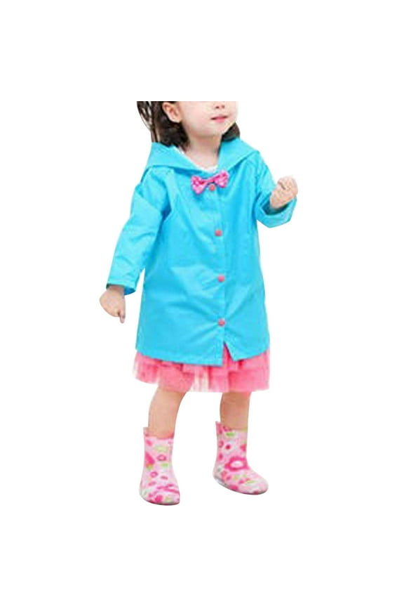 Rain Poncho Kids Hooded Button Down Long Jacket Bow Rainwear Lightweight Raincoat Rain Jacket Blue