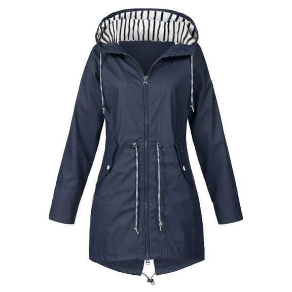 Baberdicy Raincoat Clearance！Solid Raincoat Hooded Outdoor Rain Windproof Jacket Women’S Jackets Women's Coat Rain Jacket Women Navy