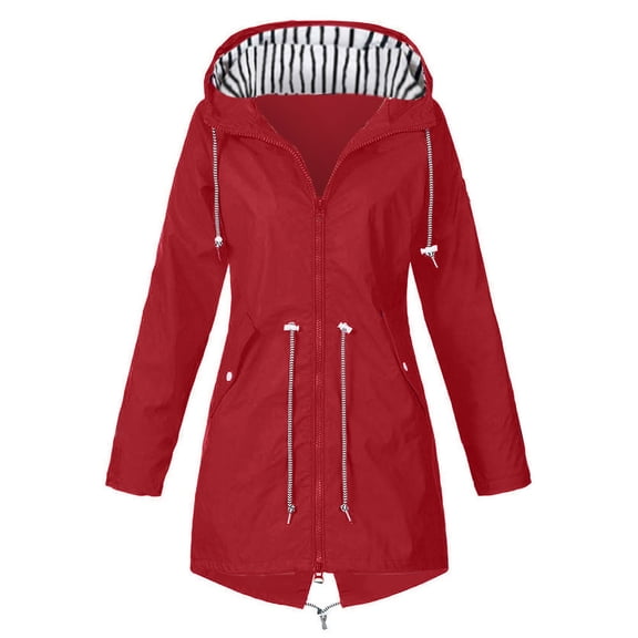 Baberdicy Raincoat Clearance!Solid Raincoat Hooded Outdoor Rain Windproof Jacket Women’S Jackets Women's Coat Rain Jacket Women Red