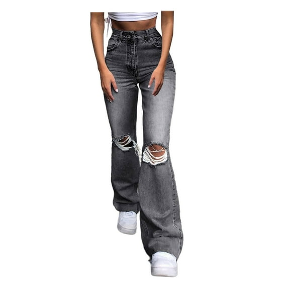 Baberdicy Ripped Baggy Jeans Women Pants Hole Denim Button Elastic Pocket Waist Jeans Trousers High Loose Women's Jeans Womens Jeans, A-Grey, Size: M