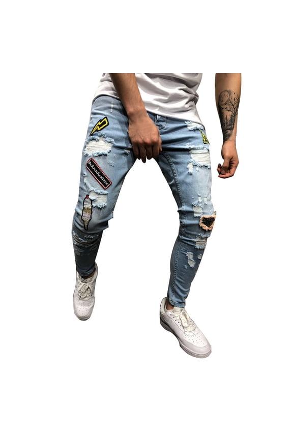 Ripped Jeans Men, Men's Autumn Denim Cotton Straight Hole Pocket Trousers Distressed Jeans Pants Jeans for Men Blue