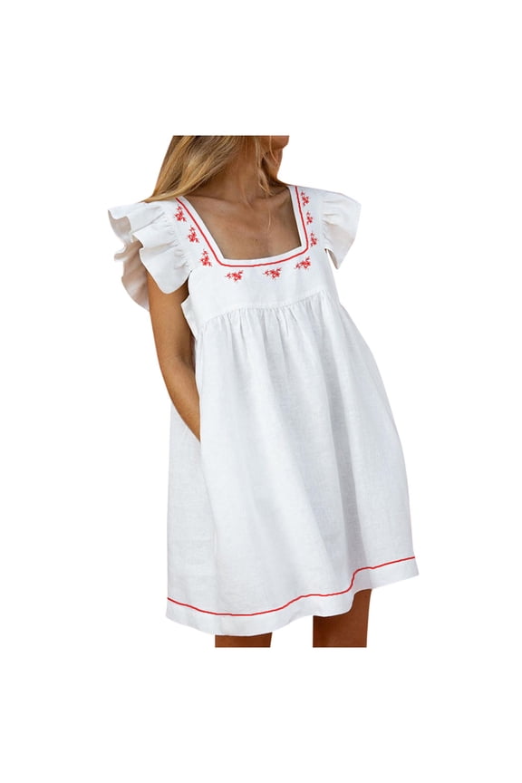 Ruffle Dress Women Summer Dress Elegant Square Collar Pocket Puffles Short Sleeve Midi Dress Womens Dresses White L2