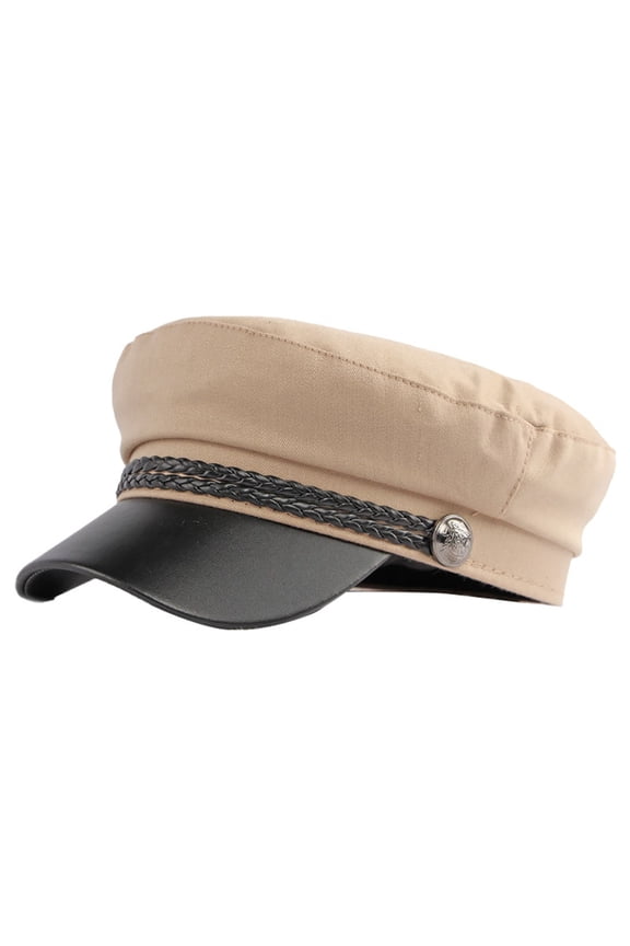 Sailor Cap Women, Women's Leather Brim Flat Top Decoration Cap, Contrast Color Adjustable Sailor Hat for Vacation, Retro Academic Style Fashion Accessory Khaki
