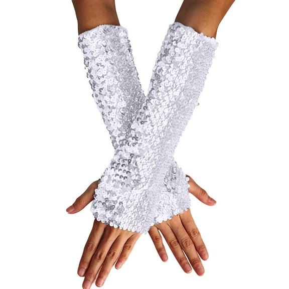 Baberdicy Sequin Gloves Women, Stylish Glitter Gloves with Sequin Details, Long Fingerless Elastic Gloves for Women And Girls, Sparkling Costume Accessory for Parties And Events White