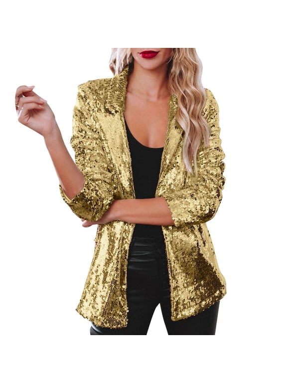 Sequin Tops for Women, Women Sequins Blazer Sequin Jacket Casual Long Sleeve Glitter Party Shiny Lapel Rave Outerwear Coat Sequin Blazer for Women Gold