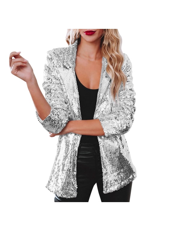 Sequin Tops for Women, Women Sequins Blazer Sequin Jacket Casual Long Sleeve Glitter Party Shiny Lapel Rave Outerwear Coat Sequin Blazer for Women Silver