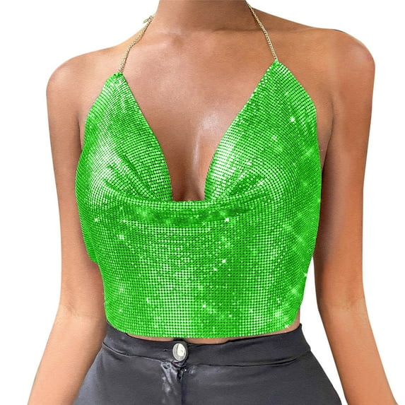 Baberdicy Sequin Tops for Women, Women Chain Clothes Beading Tassel Sleeveless Backless Crop Top Club Vintage Tank Tops Women's Tanks & Camis Green
