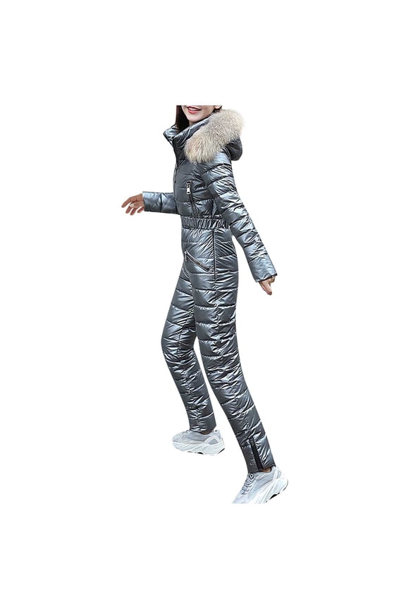 Ski Clothes Women Solid Casual Thick Hot Snowboard Skisuit Outdoor Sports Zipper Cotton Padded Jumpsuit Hooded Ski Suit Plus Size Tops A