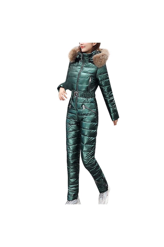 Ski Clothes Women Solid Casual Thick Hot Snowboard Skisuit Outdoor Sports Zipper Cotton Padded Jumpsuit Hooded Ski Suit Plus Size Tops Green