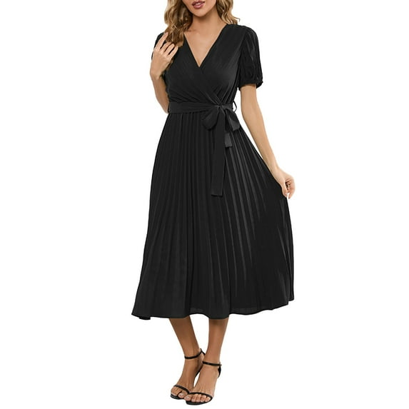 Baberdicy Solid Dress Women V Neck Lace up Short Sleeve Solid Pleated Dresses Pleated Long Dress Fall Dress Black L2