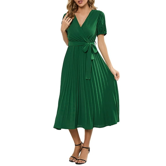 Baberdicy Solid Dress Women V Neck Lace up Short Sleeve Solid Pleated Dresses Pleated Long Dress Fall Dress Green M