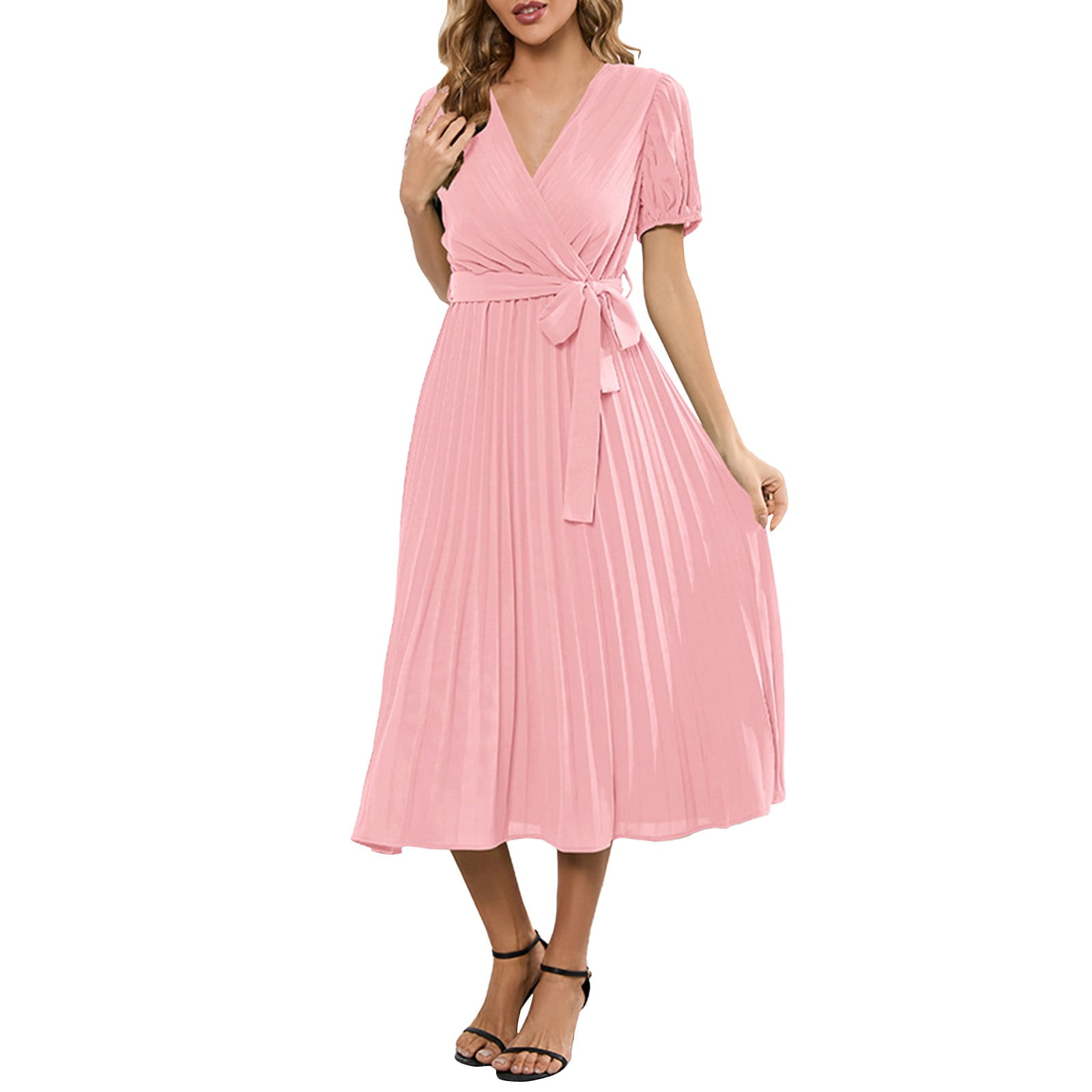 Baberdicy Solid Dress Women V Neck Lace up Short Sleeve Solid Pleated  Dresses Pleated Long Dress Fall Dress Pink S - Walmart.com