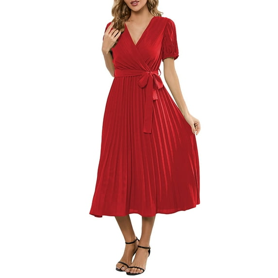Baberdicy Solid Dress Women V Neck Lace up Short Sleeve Solid Pleated Dresses Pleated Long Dress Fall Dress Red Xl
